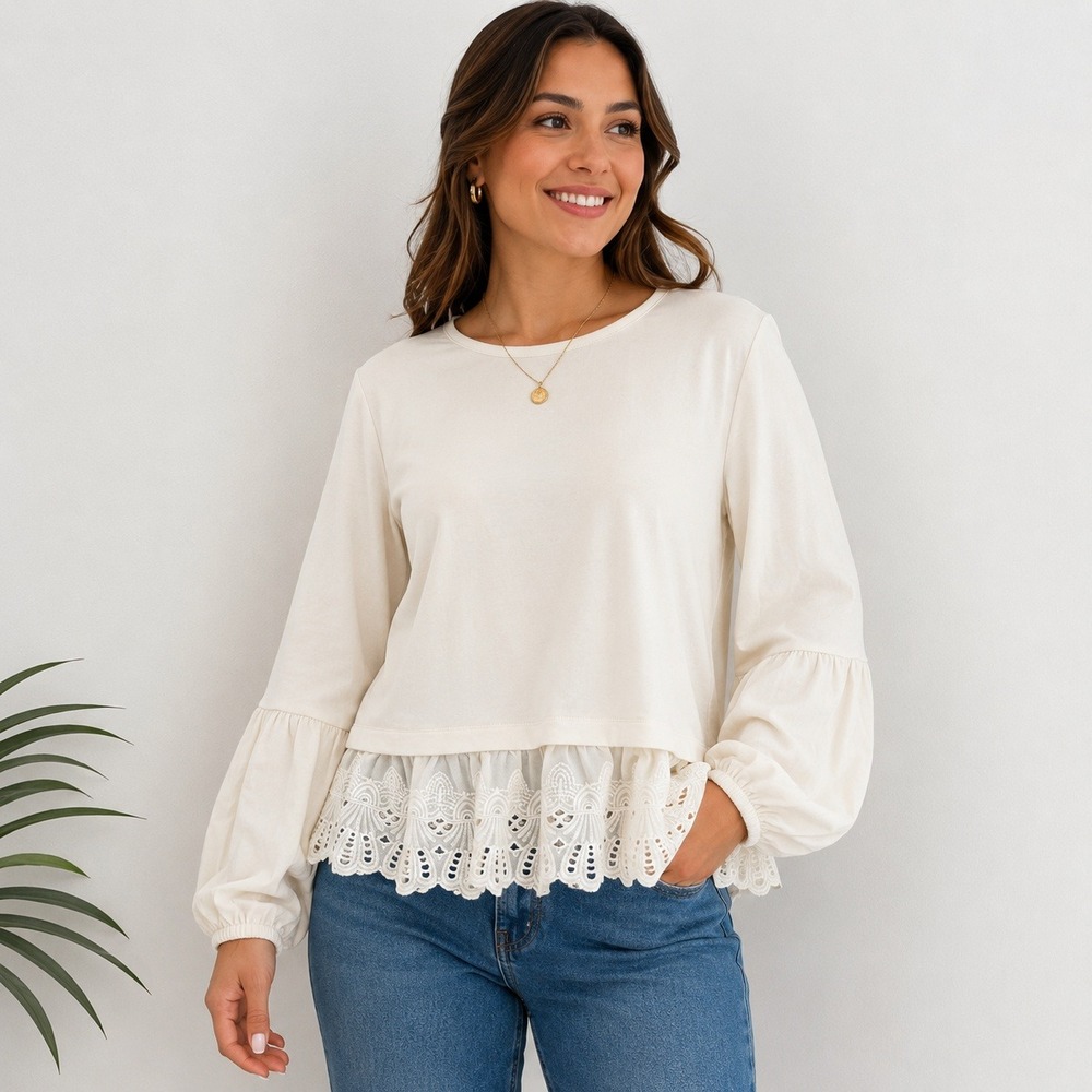 Cupio Blush Buttercream Eyelet Lace Hem Balloon Sleeve Top C87P2702W Medium NEW
